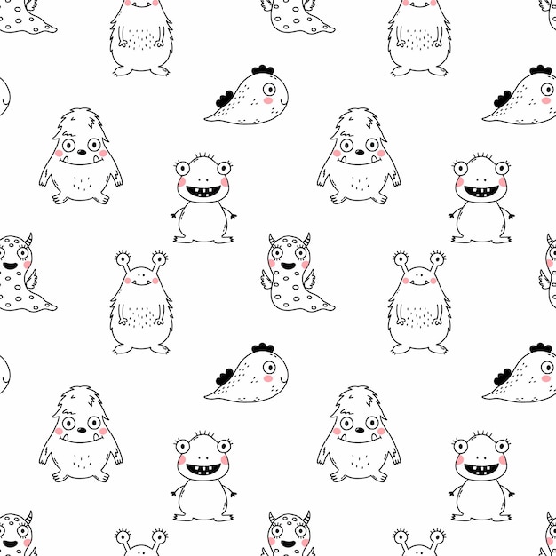 Patrón sin costuras con lindo monstruo Fondo de pantalla en vivero Fondo para imprimir en tela y papel de regalo Ilustración de garabato vectorial en estilo dibujado a mano