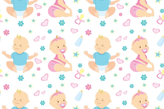 Patrón sin costuras con lindo niño recién nacido y niña ilustración vectorial de dibujos animados
