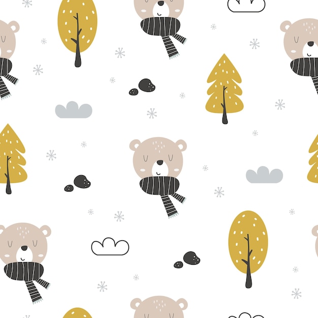 Patrón sin costuras con lindo oso y bosque Fondo animal de invierno Para tela estampada textil po