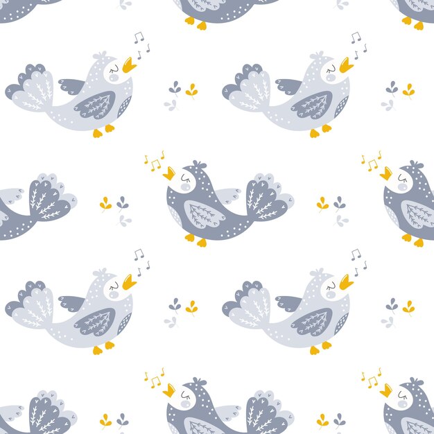 Patrón sin costuras lindo pájaro gris amarillo notas musicales y hojas sobre un fondo blanco