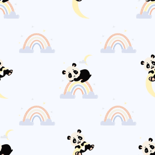 Patrón sin costuras Lindo panda durmiente en arco iris y cachorro de oso en la luna Colección de niños escandinavos