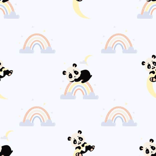 Vector patrón sin costuras lindo panda durmiente en arco iris y cachorro de oso en la luna colección de niños escandinavos