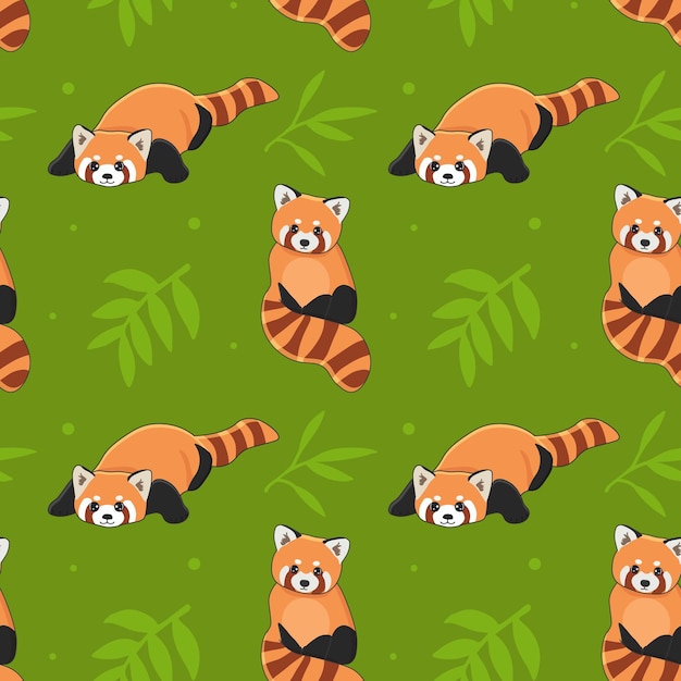 Patrón sin costuras de lindo panda rojo y bambú Diseño de dibujos animados de personajes animales estilo vectorial plano