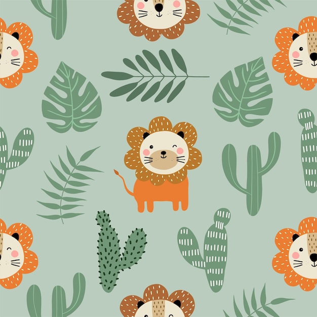 Patrón sin costuras con lindo pequeño león cactus y hojas verdes tropicales para su tela niños textiles decoración de guardería regalo envoltura de papel niños ropa de cama bebés camisa ilustración vectorial