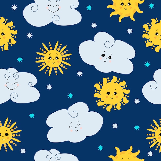 Patrón sin costuras Lindo sol amarillo con una cara y una sonrisa sobre un fondo azul con nubes y estrellas Diferentes caras ojos abiertos y cerrados Vector Diseño embalaje textil ilustraciones de verano