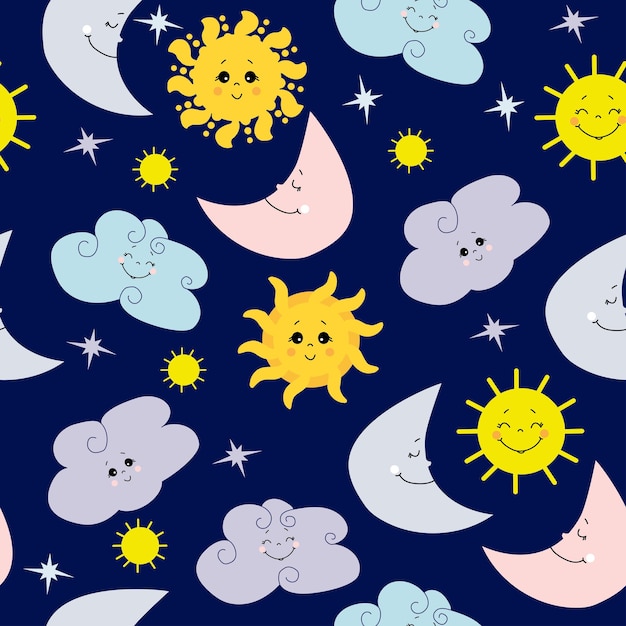 Patrón sin costuras Lindo sol luna y nubes sobre fondo azul oscuro con ojos cerrados y abiertos