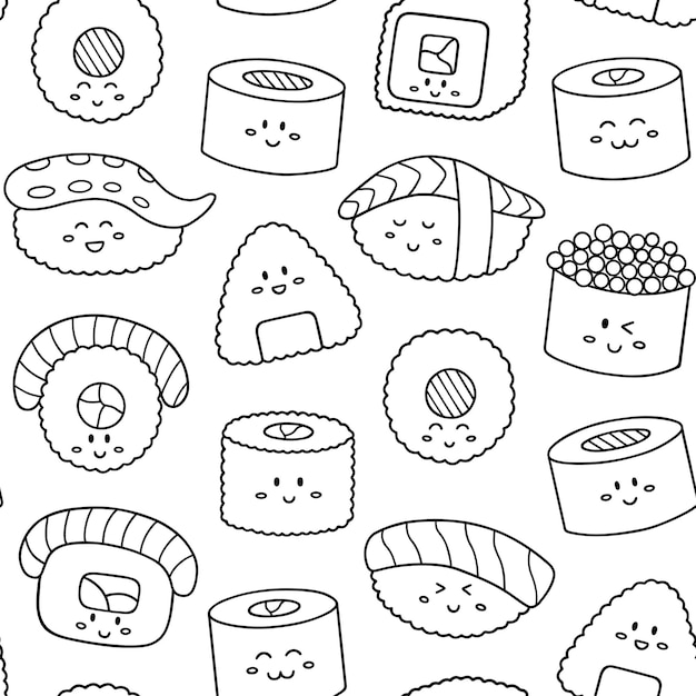Patrón sin costuras de lindo sushi y rollos doodle comida japonesa en estilo boceto Ilustración de vector dibujado a mano