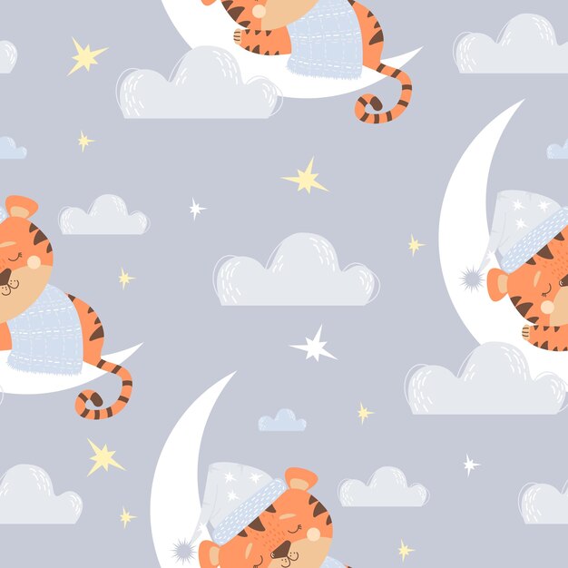 Vector patrón sin costuras con lindo tigre dormido en la luna con nubes y estrellas colección escandinava para niños