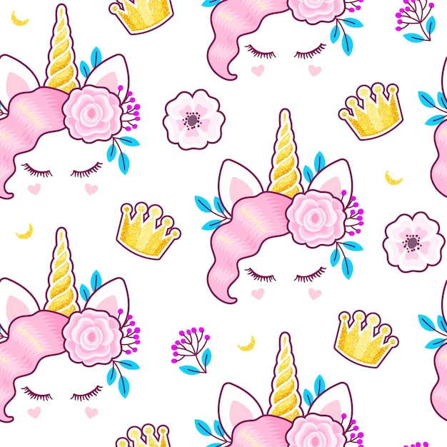 Patrón sin costuras con un lindo unicornio y flores