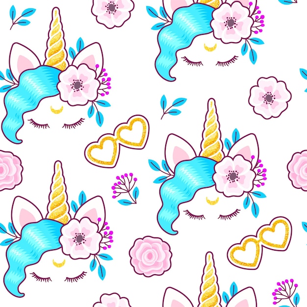 Patrón sin costuras con un lindo unicornio y flores