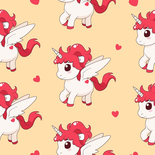 Patrón sin costuras con lindo unicornio mágico y corazones azulejos repetidos con personajes de dibujos animados