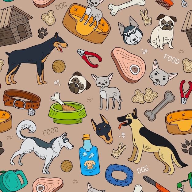 Vector patrón sin costuras con lindos accesorios para perros y mascotas