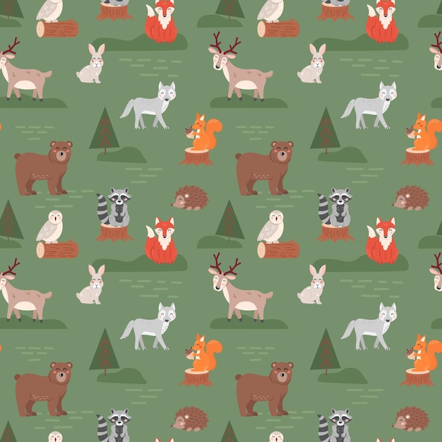 Patrón sin costuras con lindos animales del bosque en estilo plano de dibujos animados Diseño infantil para textiles impresos