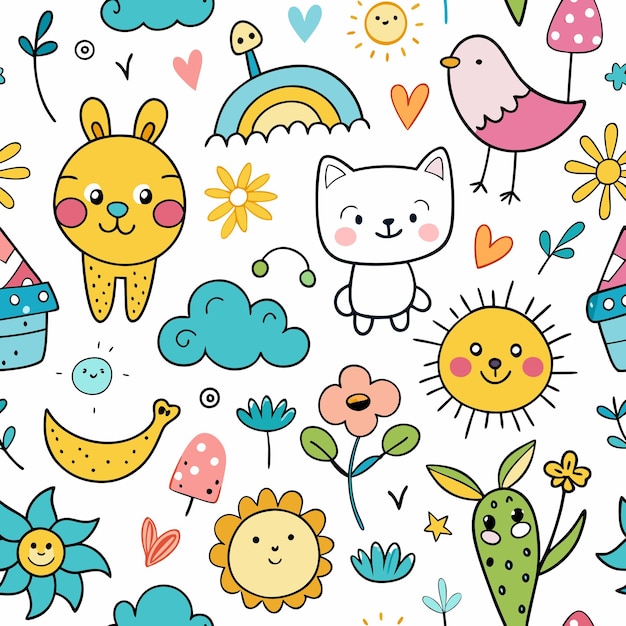 Patrón sin costuras con lindos animales de dibujos animados flores y soles