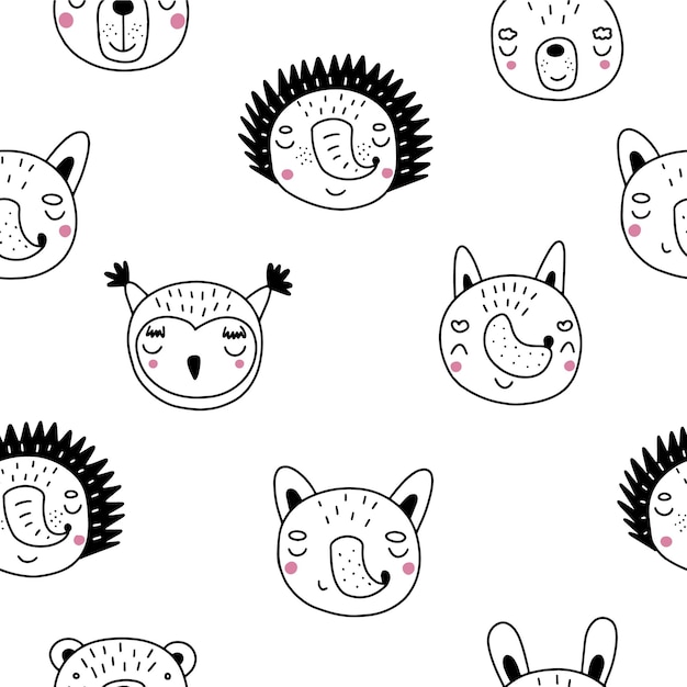 Patrón sin costuras con lindos animales en estilo garabato Ilustración vectorial en blanco y negro para decoración textil y vivero