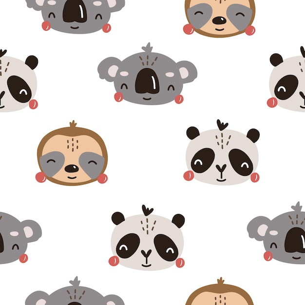Patrón sin costuras con lindos animales perezoso koala y panda sobre un fondo blanco Ilustración vectorial dibujada a mano para decoración infantil y textil