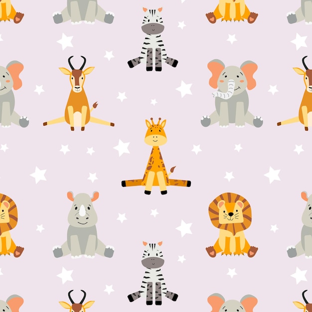 Patrón sin costuras con lindos animales salvajes y estrellas León cebra rinoceronte elefante antílope