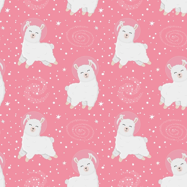 Patrón sin costuras con lindos astronautas de alpaca sobre fondo espacial estrellado Perfecto para envolver carteles de papel, tela y otros diseños Linda llama