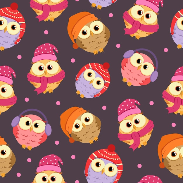 Patrón sin costuras con lindos búhos de invierno. Fondo de pantalla para niños en estilo plano