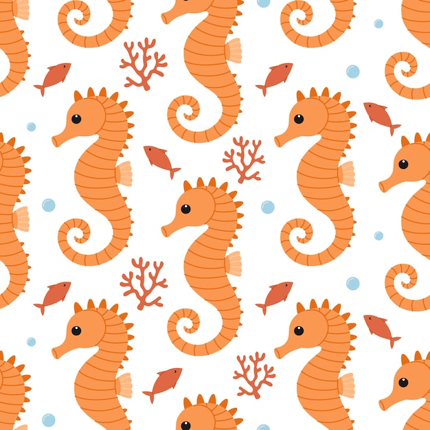 Patrón sin costuras con lindos caballos marinos naranjas algas marinas peces y burbujas Ilustración plana vectorial