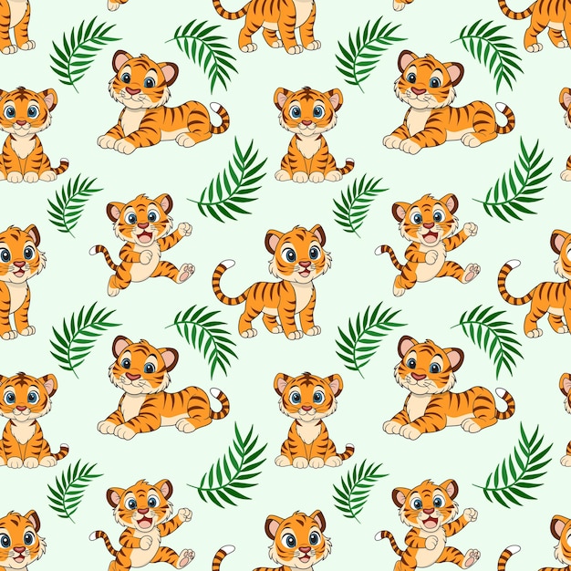 Patrón sin costuras de lindos cachorros de tigre en diferentes posturas Ilustración vectorial
