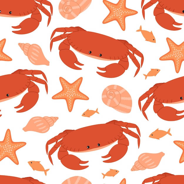 Patrón sin costuras con lindos cangrejos naranjas conchas de estrellas de mar y peces ilustración plana vectorial