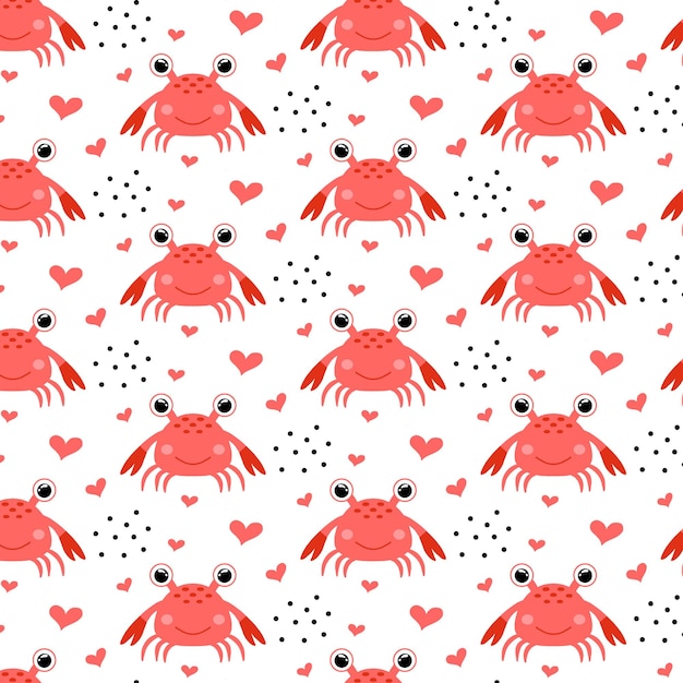 Patrón sin costuras con lindos cangrejos Patrón infantil con cangrejos rojos y corazones Patrón vectorial