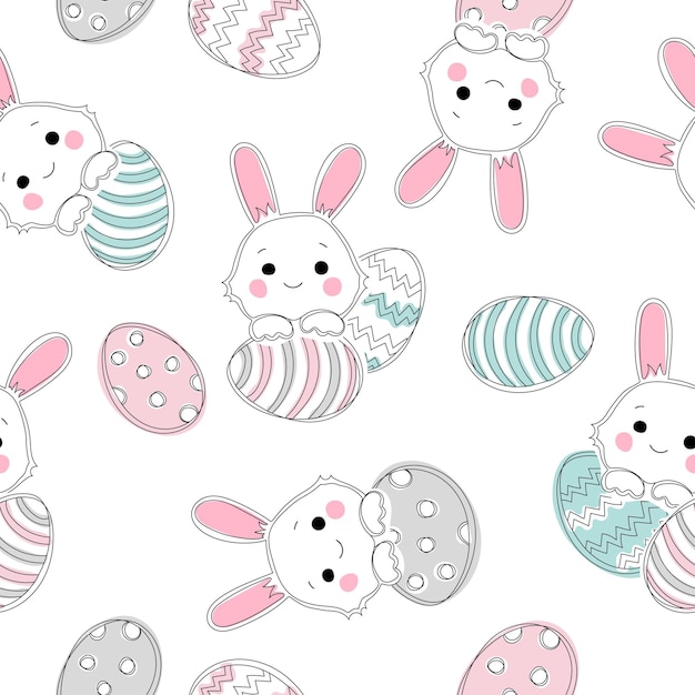 Patrón sin costuras con lindos conejitos y huevos de pascua sobre fondo blanco