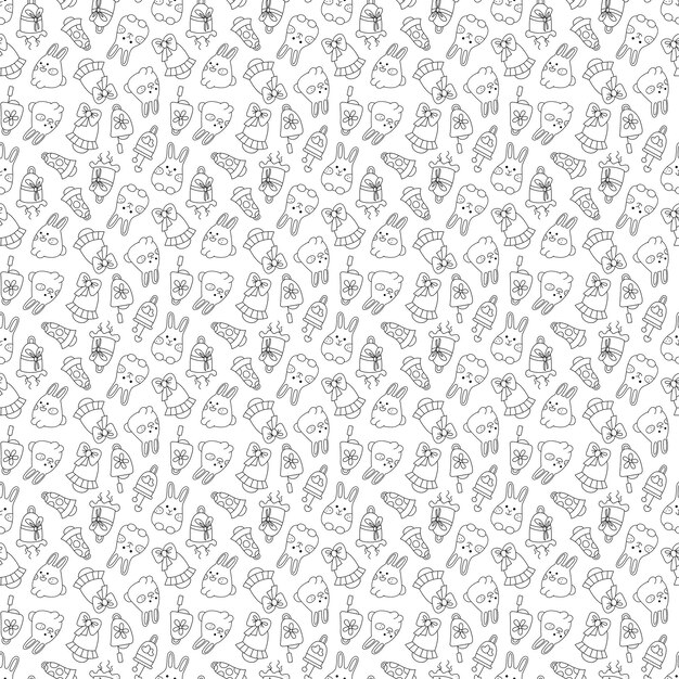 Patrón sin costuras con lindos conejitos de Pascua y campanas Ilustración vectorial de Doodle