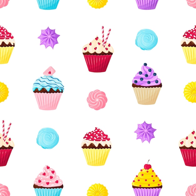 Patrón sin costuras con lindos cupcakes y merengues sobre un fondo blanco en un estilo plano de dibujos animados