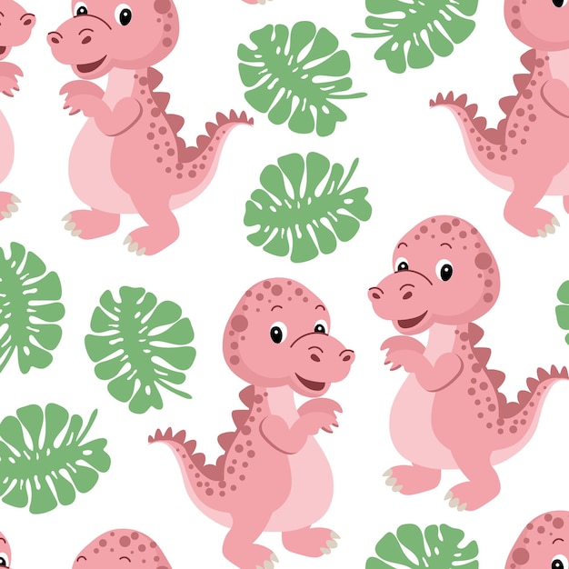 Patrón sin costuras lindos dinosaurios rosados divertidos y hojas tropicales decoración para niños