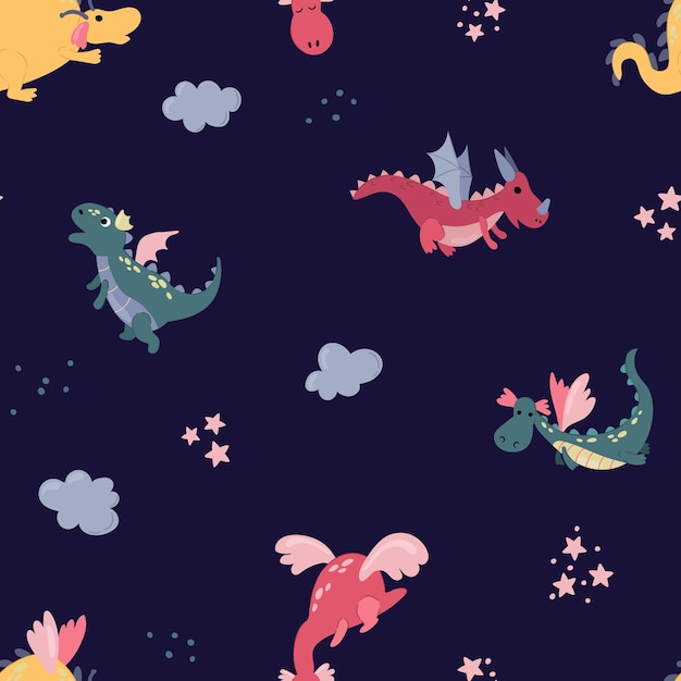Patrón sin costuras con lindos dragones dibujados a mano Diseño para embalaje de papel tapiz textil de tela