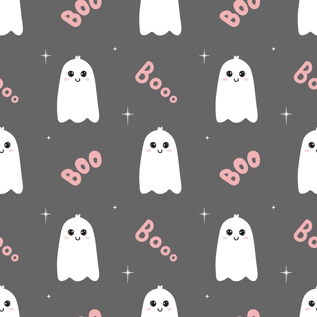 Patrón sin costuras con lindos fantasmas de dibujos animados boo y estrellas Fantasmas blancos sobre fondo gris Ilustración de Halloween Fondo para envolver tarjetas de felicitación de papel y diseños de temporada