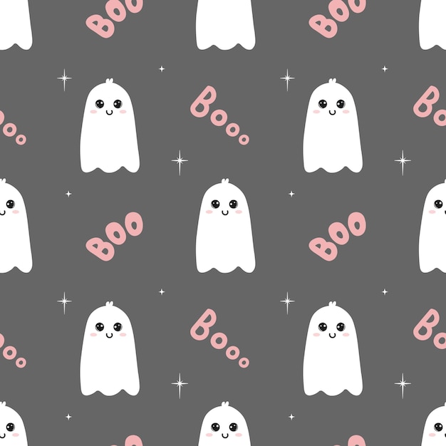 Patrón sin costuras con lindos fantasmas de dibujos animados boo y estrellas fantasmas blancos sobre fondo gris ilustración de halloween fondo para envolver tarjetas de felicitación de papel y diseños de temporada