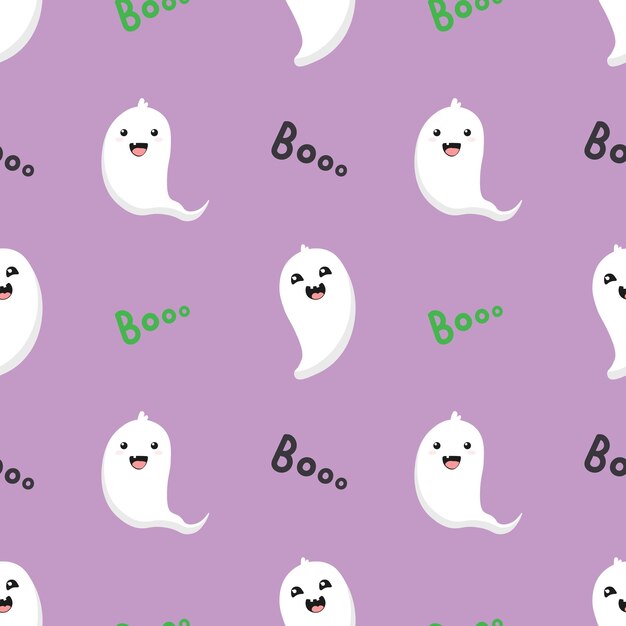 Patrón sin costuras con lindos fantasmas de dibujos animados. Fantasmas blancos sobre fondo morado. Ilustración de Halloween. Fondo para papel de regalo, tarjetas de felicitación y diseños de temporada.