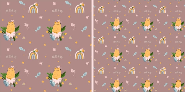 Patrón sin costuras con lindos gatos en flores sobre un fondo marrón Textura infantil en estilo escandinavo para tela textil ropa decoración infantil Ilustración vectorial