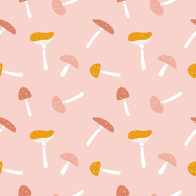 Patrón sin costuras con lindos hongos coloridos agárico de mosca Ilustración vectorial de hongos sobre un fondo rosa claro Textura sin costuras para textiles de ropa para niños