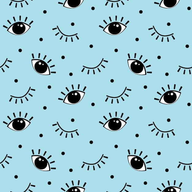 Patrón sin costuras lindos ojos divertidos y pestañas sobre un fondo azul
