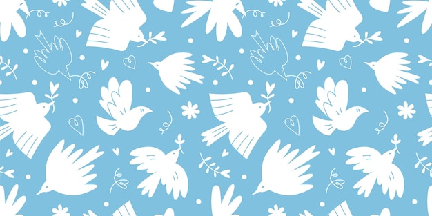 Patrón sin costuras con lindos pájaros blancos y corazones en un estilo de dibujos animados de fondo azul Paloma de la paz sin concepto de guerra y libertad Ilustración de vector moderno moderno diseño plano dibujado a mano