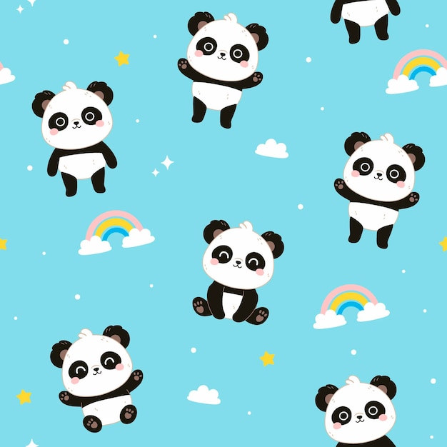 Patrón sin costuras con lindos pandas kawaii arco iris nubes sobre un fondo azul