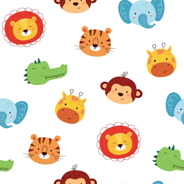 Patrón sin costuras con lindos personajes animales. Divertido león kawaii, tigre, jirafa, elefante, mono y cocodrilo. patrón de los niños. Rostros de animales salvajes. Ilustración vectorial sobre fondo blanco.