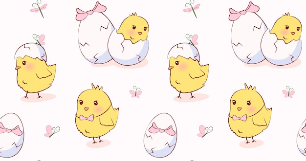 Patrón sin costuras con lindos pollitos amarillos de Pascua huevos rotos arcos y mariposas rosas