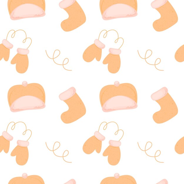 Patrón sin costuras con lindos sombreros de invierno calcetines mitones Concepto de ropa fría