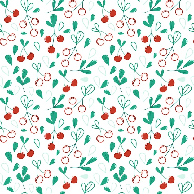 Patrón sin costuras de línea de cereza Patrón plano de vector de fruta Objetos rojos y verdes hojas bayas