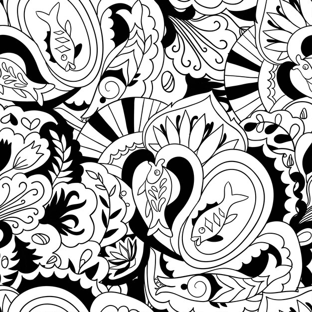 Patrón sin costuras lineal en blanco y negro con elementos vegetales y florales para diseños y libros para colorear