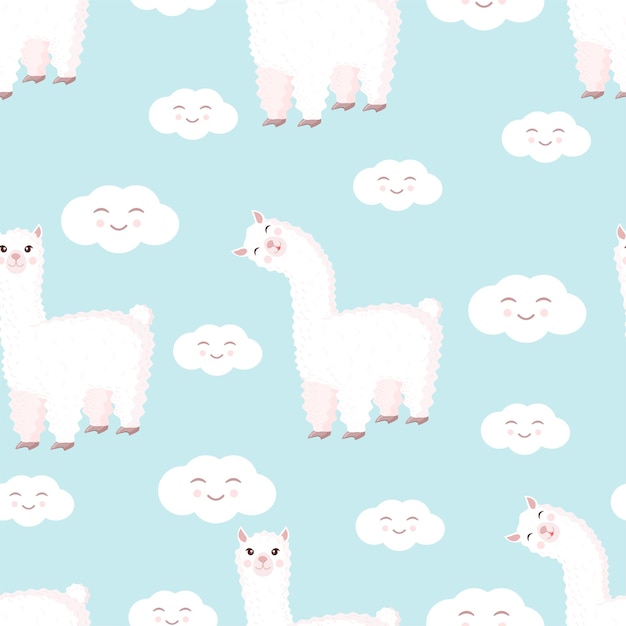 Patrón sin costuras con llama divertida y nubes sobre un fondo azul Ilustración vectorial adecuada