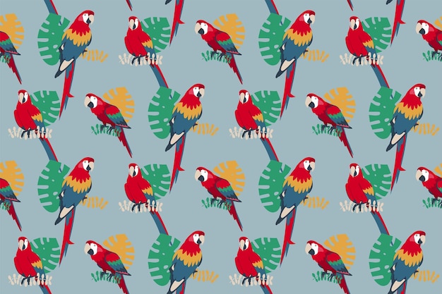 Patrón sin costuras con loros y hojas tropicales diseño de tela textil de papel tapiz de moda