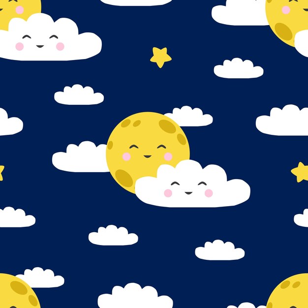 Patrón sin costuras con luna sonriente y nubes en el cielo nocturno