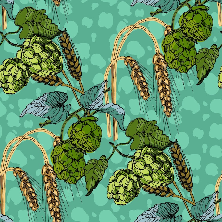 Vector patrón sin costuras con lúpulo y trigo estilo de boceto de color fondo dibujado a mano ilustración detallada dibujada a mano ideal para impresiones de telas y textiles embalaje de invitaciones o cualquier idea deseada