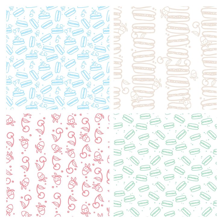 Vector patrón sin costuras de macarrón y fruta con comida dulce del desierto ilustración vectorial de pastel de color colorido dibujada a mano para diseño de superficie libro de recortes de tela textil o papel tapiz